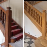 Un escalier en bois, avant et après l'aérogommage, par l'entreprise Eole aérogommage.