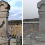 Un monument en pierre, avant et après l'aérogommage, par l'entreprise Eole aérogommage.