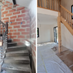 Un escalier en bois, avant et après la prestation en aérogommage de Eole aérogommage.