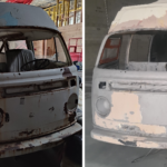 Un van, avant et après la prestation en aérogommage de Eole aérogommage.